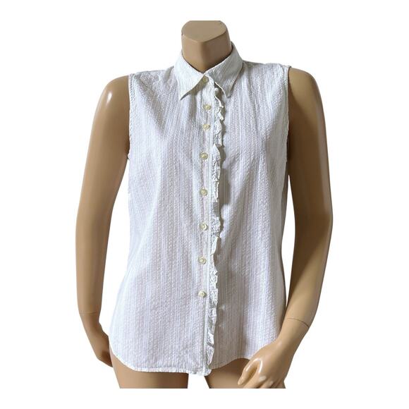 LANDS END Womens Size 12 Striped Sleeveless Ruffled Collared Button Front Shirt - Picture 1 of 8